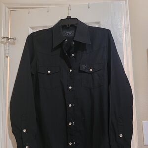 Black Notched Collar Button Down Long Sleeve Top